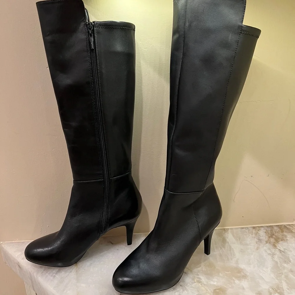 Fall knee high boots black leather heeled booties